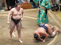 安青錦（左）が上手投げで豊昇龍を破る＝２３日