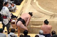 熱海富士に浴びせ倒しで敗れ土俵下でがっくりの霧島（撮影・開出牧）