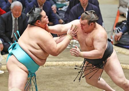 琴桜（左）を攻める安青錦