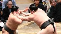 優勝決定戦で同部屋の蒼富士（左）を破り、序ノ口優勝を決めた旭富士（撮影・佐藤厚）