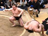 優勝決定戦で、安青錦（左）は首投げで熱海富士を破る