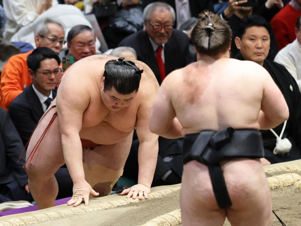 優勝決定戦で、安青錦（手前）に敗れた熱海富士
