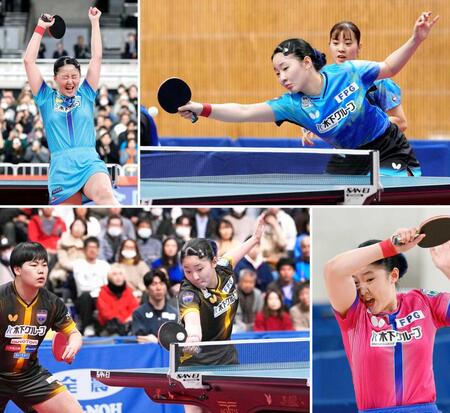 　史上初の全日本４冠を達成した卓球女子の張本美和。（左上から時計回りに）シングルス、長崎美柚とのダブルス、ジュニアの部、松島輝空との混合ダブルス