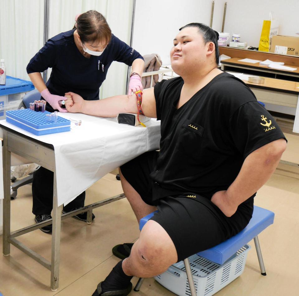 採血を受ける大の里