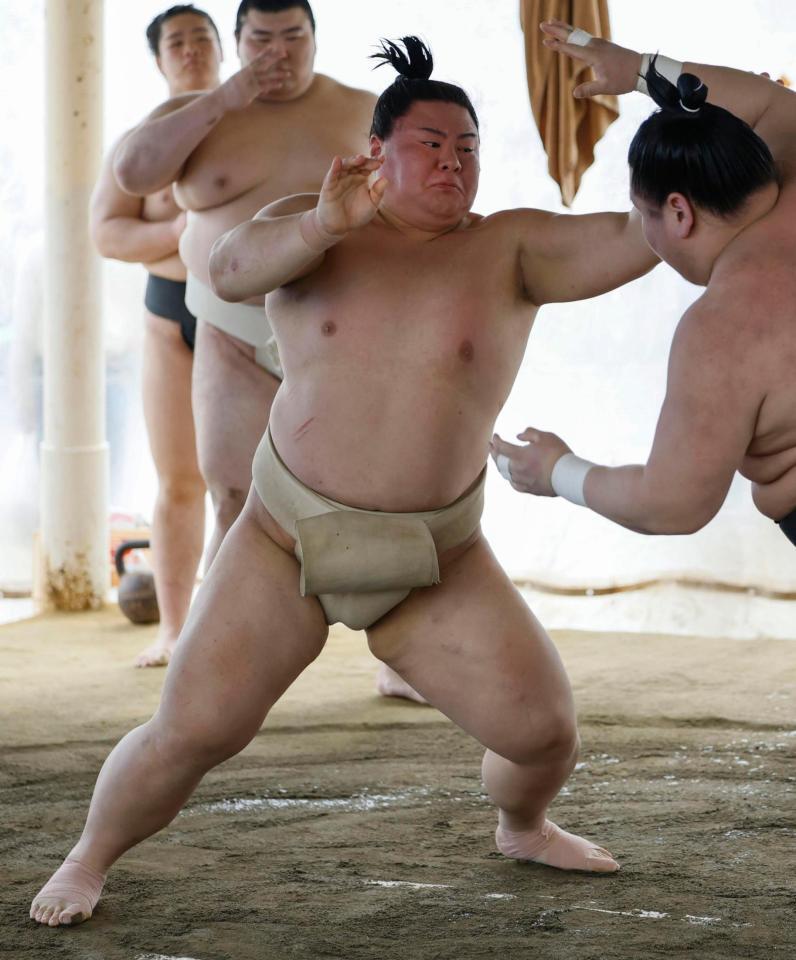 稽古で汗を流す義ノ富士