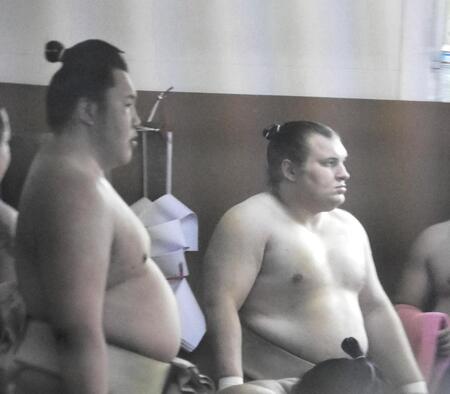 稽古に参加した安青錦（右）＝堺市の音羽山部屋