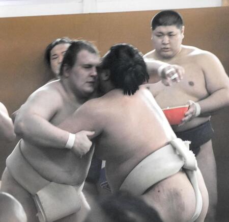 霧島と相撲を取る安青錦＝堺市の音羽山部屋