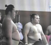 稽古に参加した安青錦（右）＝堺市の音羽山部屋