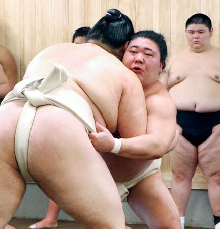 　大の里（左）の胸を借りる藤ノ川