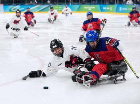 　日本-チェコ　第３ピリオド　競り合う伊藤（左）＝ミラノ（共同）