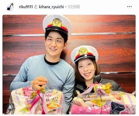 　桃鉄の帽子をかぶったりくりゅうペア。三浦璃来のインスタグラム（ｒｉｋｕ９１１１ ）より