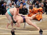 琴桜（左）が上手投げで義ノ富士を下す