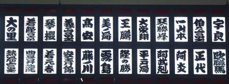 伯乃富士（右から２つ目）、阿武剋（同４つ目）が２日目から休場（撮影・中田匡峻）