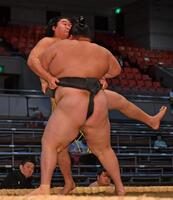 旭天道（手前）の攻めをこらえる朝力丸（撮影・中田匡峻）