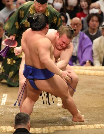 藤ノ川を押し出しで下した安青錦（撮影・坂部計介）