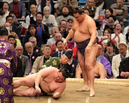 すくい投げで美ノ海を下した豊昇龍（撮影・坂部計介）