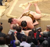 王鵬（上）にきめ出しで敗れた安青錦（撮影・中田匡峻）