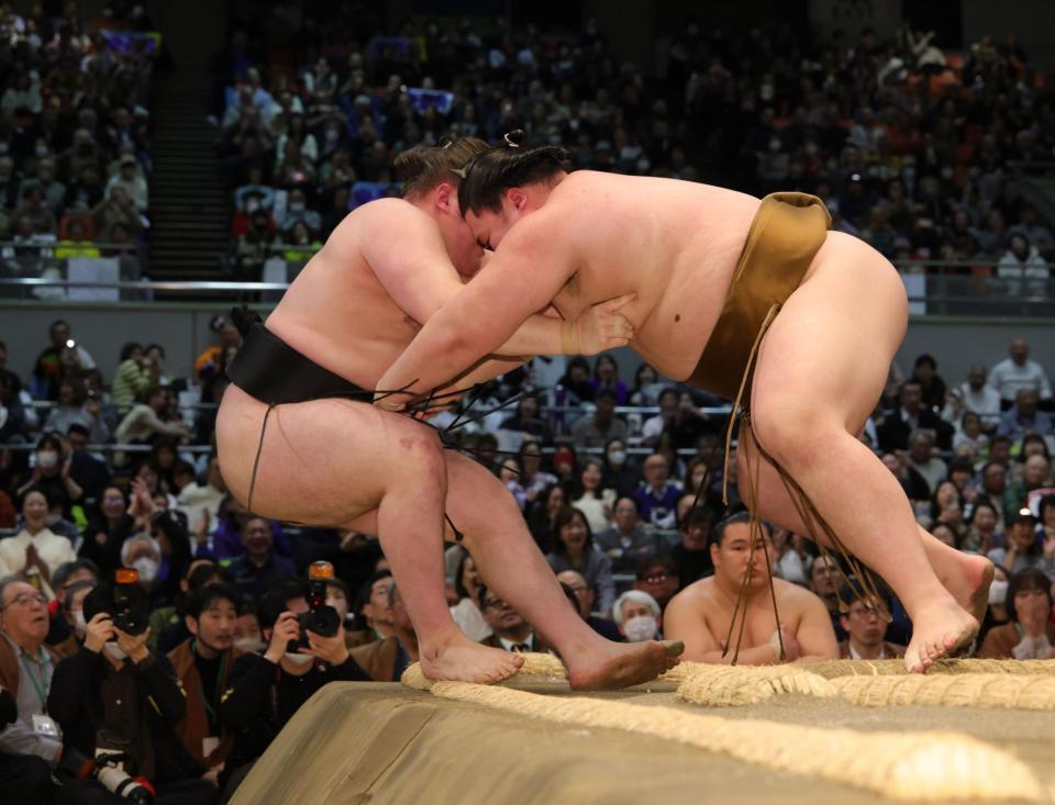 王鵬（右）に極め出しで敗れた安青錦（撮影・坂部計介）