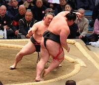 炎鵬（左）が押し出しで日向丸を破る