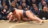豊昇龍（右）が寄り倒しで王鵬を下す