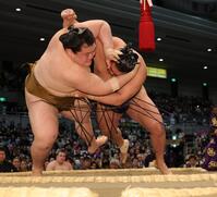 寄り倒しで王鵬（左）を下し、１敗を守った豊昇龍（撮影・坂部計介）