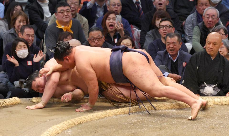 豊昇龍（右）が寄り倒しで王鵬を下す