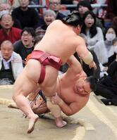 豊昇龍（奥）がはたき込みで大栄翔に敗れる