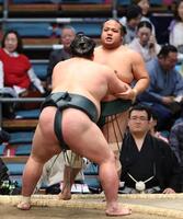 錦木（手前）に寄り切りで敗れた島津海（撮影・中田匡峻）