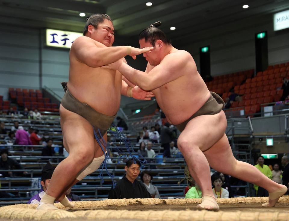 淡の海（右）に押し倒しで敗れた道轟（撮影・中田匡峻）