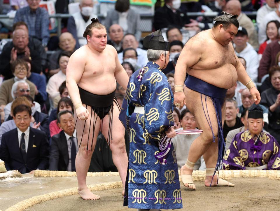 高安（右）を押し出しで下した安青錦（撮影・中田匡峻）