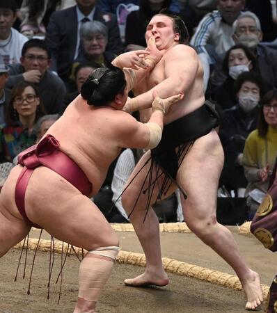 安青錦（右）が突き倒しで大栄翔に敗れる