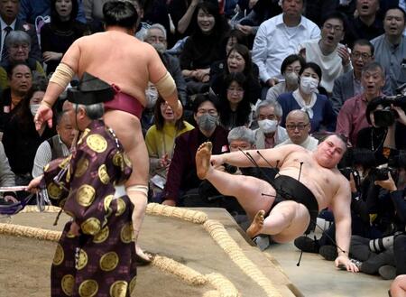 安青錦（右）が突き倒しで大栄翔に敗れる