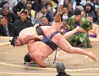 豊昇龍（手前）を破る霧島（撮影・高部洋祐）