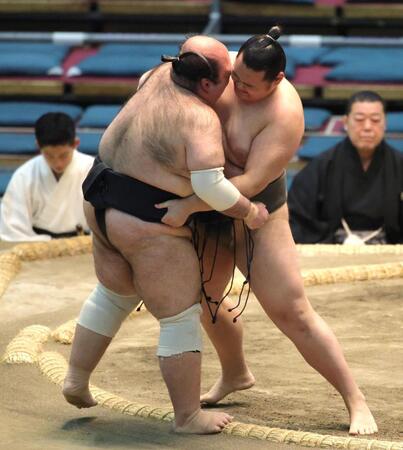 寄り切りで兎富士（右）に敗れた森麗（撮影・坂部計介）