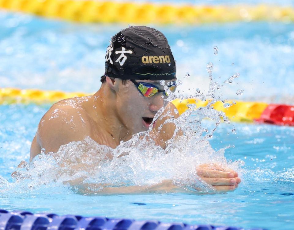 男子２００ｍ平泳ぎ決勝で勝利し、平泳ぎ３冠を達成した大橋信（撮影・西岡正）