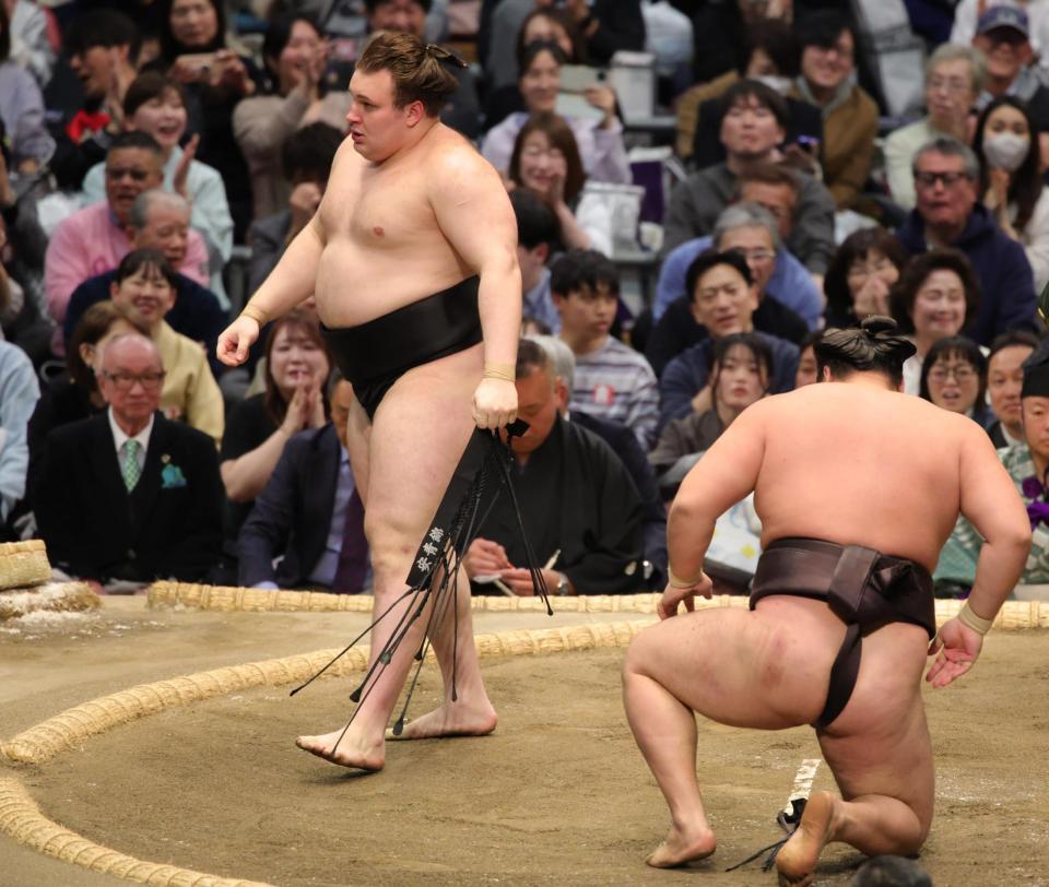 霧島（右）を下手投げで下した安青錦（撮影・坂部計介）