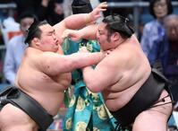 栃丸（左）に攻め込まれる剣翔（撮影・中田匡峻）