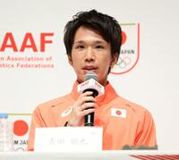 アジア大会マラソン日本代表に内定し、会見で抱負を語る吉田祐也（撮影・伊藤笙子）