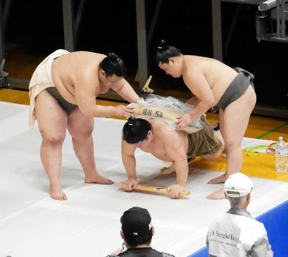 砂袋を背中に乗せて腕立て伏せを行う朝紅龍