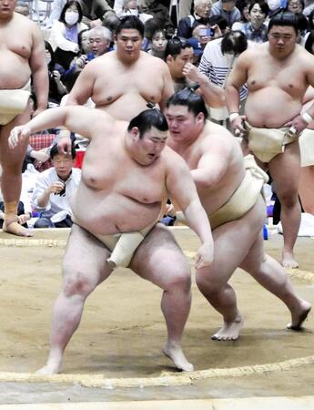 相撲を取る王鵬（右）と熱海富士