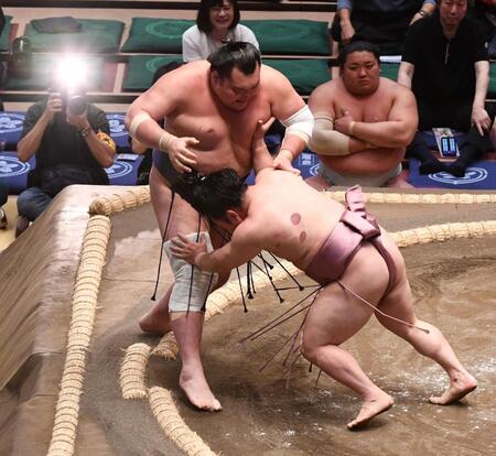 押し出しで栃大海（左）を破った炎鵬（撮影・園田高夫）