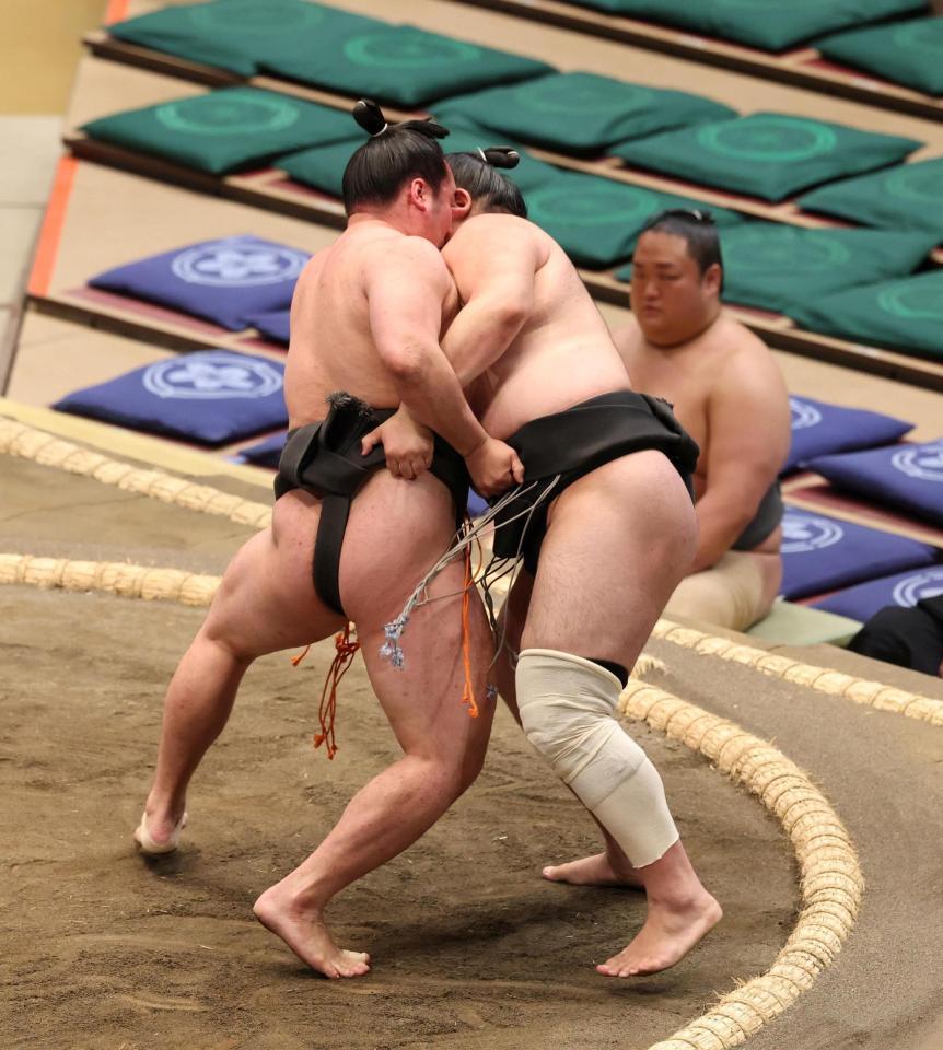 狩野（右）を寄り切りで破る須山（撮影・石井剣太郎）
