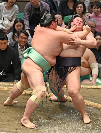 琴桜（左）が押し出しで義ノ富士を下す