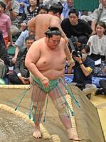 琴桜（手前）が押し出しで義ノ富士を下す
