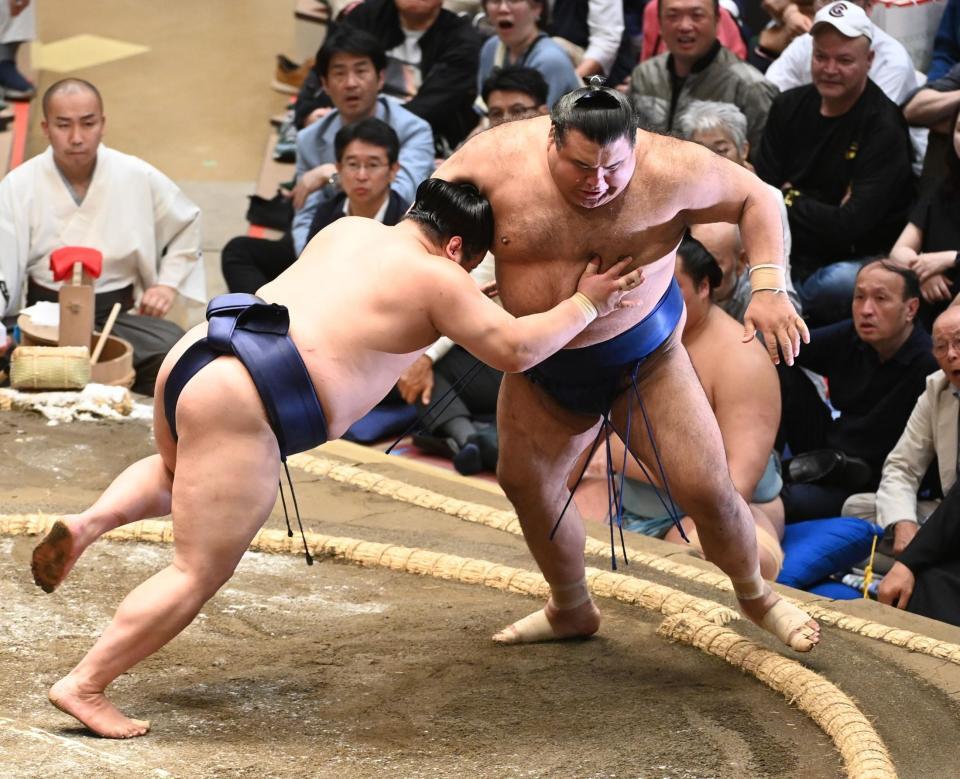 平戸海（左）に押し出しで敗れた高安（撮影・園田高夫）