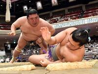 若雷（右）を押し倒しで破った鳰の湖（撮影・佐藤厚）