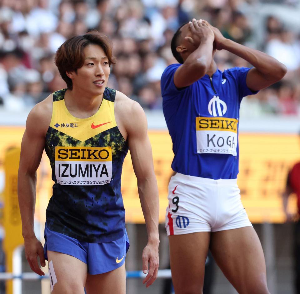 男子１１０ｍハードル、古賀ジェレミー（右）の転倒に巻き込まれ、８位に終わった泉谷駿介（撮影・伊藤笙子）