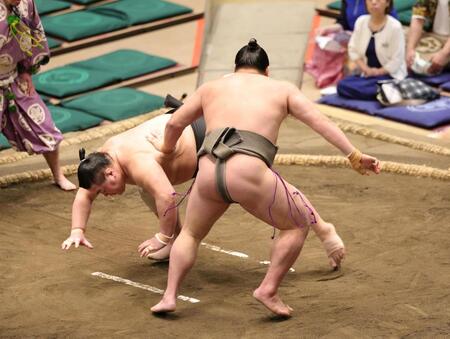 栃清龍を叩き込みで破る光星竜（右）＝撮影・石井剣太郎