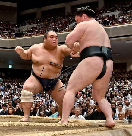 　時疾風（右）を押し出しで破った藤凌駕（撮影・持木克友）