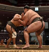 安芸錦（左）を押し倒しで破った朝阪神（撮影・持木克友）